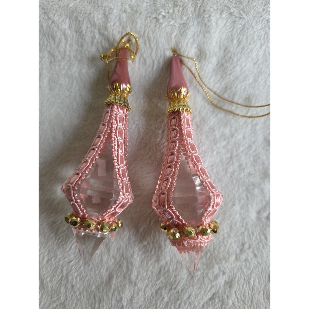 Vintage Pink Lace & Crystal Drop Ornaments–Set of 2 Elegant Hanging Decorations - Picture 5 of 5